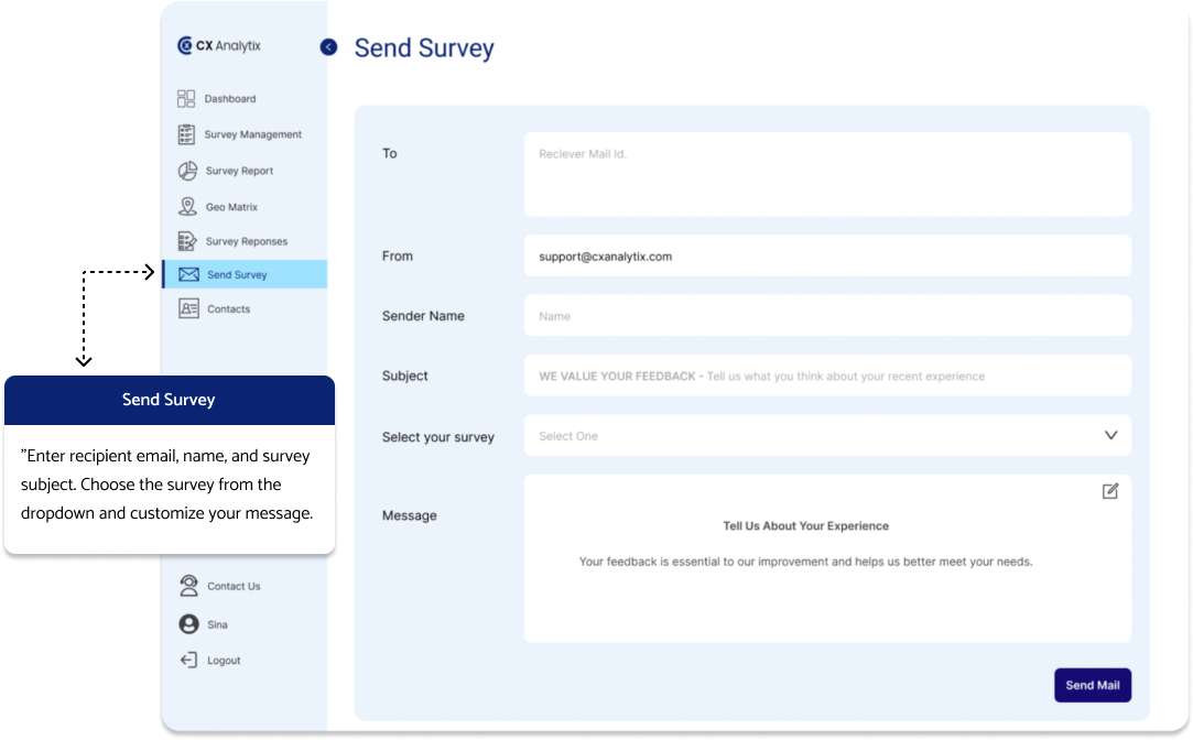 Image of survey send page with blue highlights, offering instructions on filling out recipient information, scheduling, and customizing survey distribution settings.